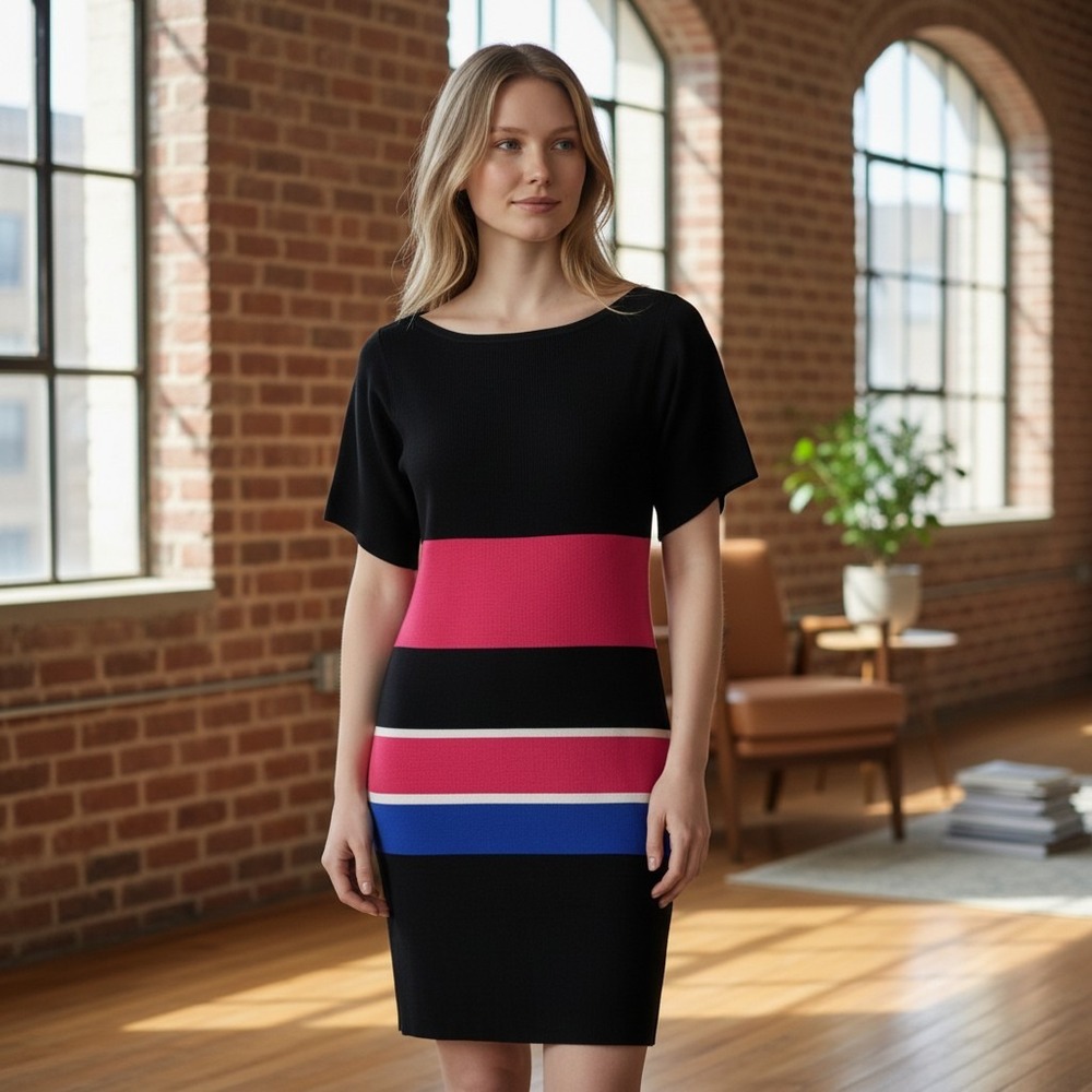 Banana Republic Sheath Dress Womens‎ Small Black Pink Blue Striped Mod Chic